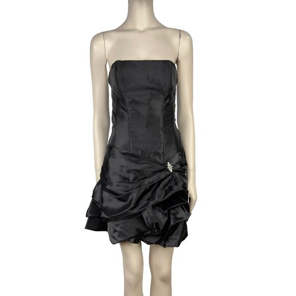 JESSICA MCCLINTOCK GUNNE SAX Puffy Waist 80s Strapless Satin Mini Black Dress  5 - Picture 1 of 14